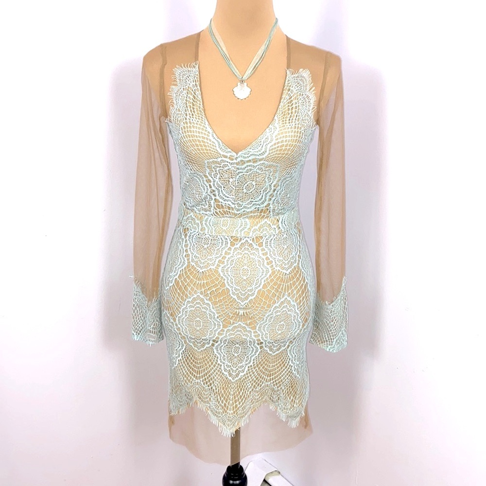 Sheer Sexy Illusion Nude Tan Mesh Seafoam Green Delicate Lace Mini Dress Size S